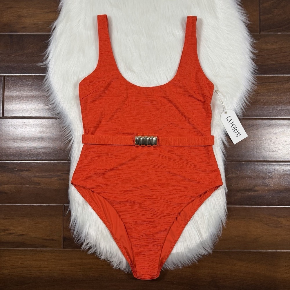 La Porte Women's Size Large Tangerine Orange Belted Mandy One Piece Swimsuit‎